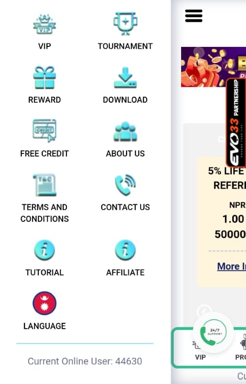 Expanded mobile menu with VIP, rewards, free credit, contact, affiliate, and tutorial options visible