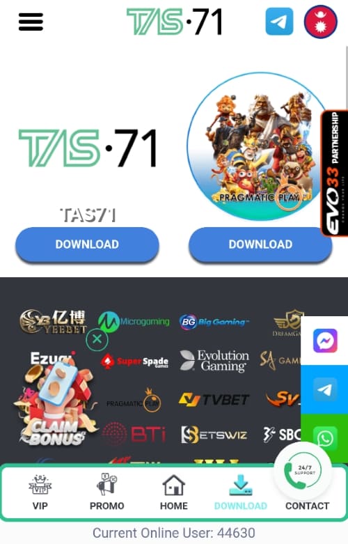 Mobile view showing TAS71 and Pragmatic Play download links above a grid of gaming provider logos