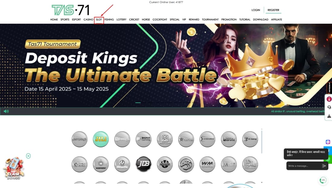 Homepage with the SLOT menu tab selected and provider badges like JILI, Habanero, and WorldMatch shown