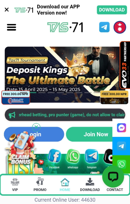 TAS71 mobile home showing Deposit Kings banner, bonus offer tags, download link, and login buttons