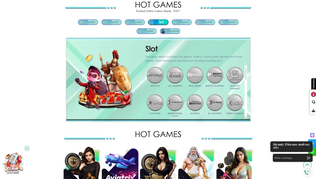 Slot category page showing characters, classic slot symbols, and provider icons like JILI and KA Gaming